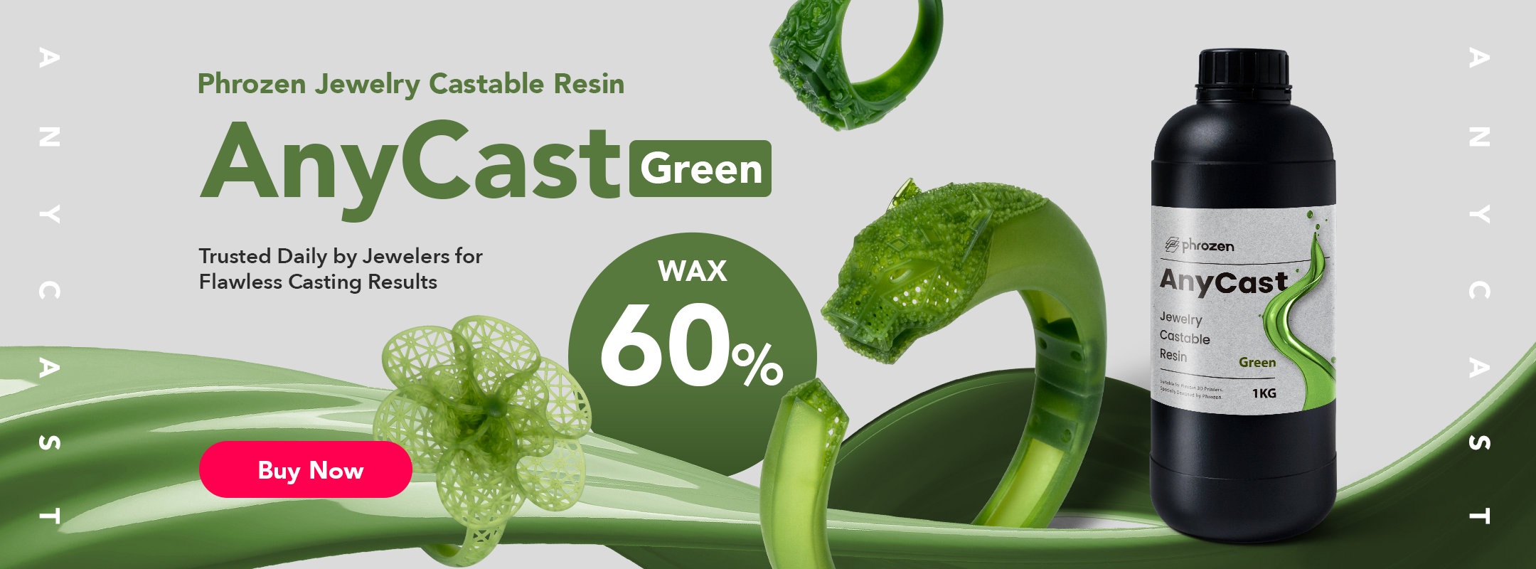 Phrozen AnyCast Green resin homepage banner with jewelry castable resin bottle, rings, and buy now message